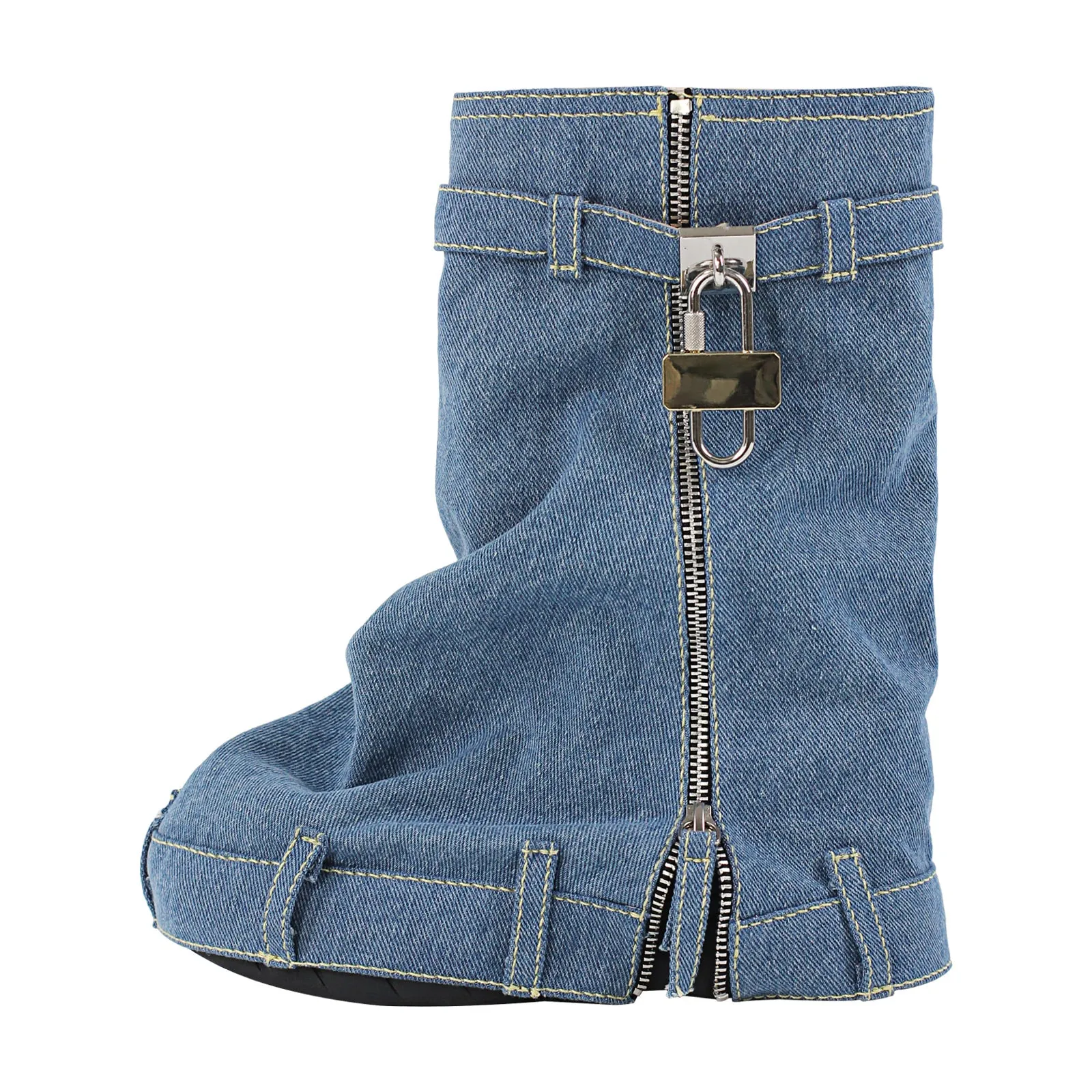 Denim Round Toe Wedge Heel Mid-Calf Fold Over Boots