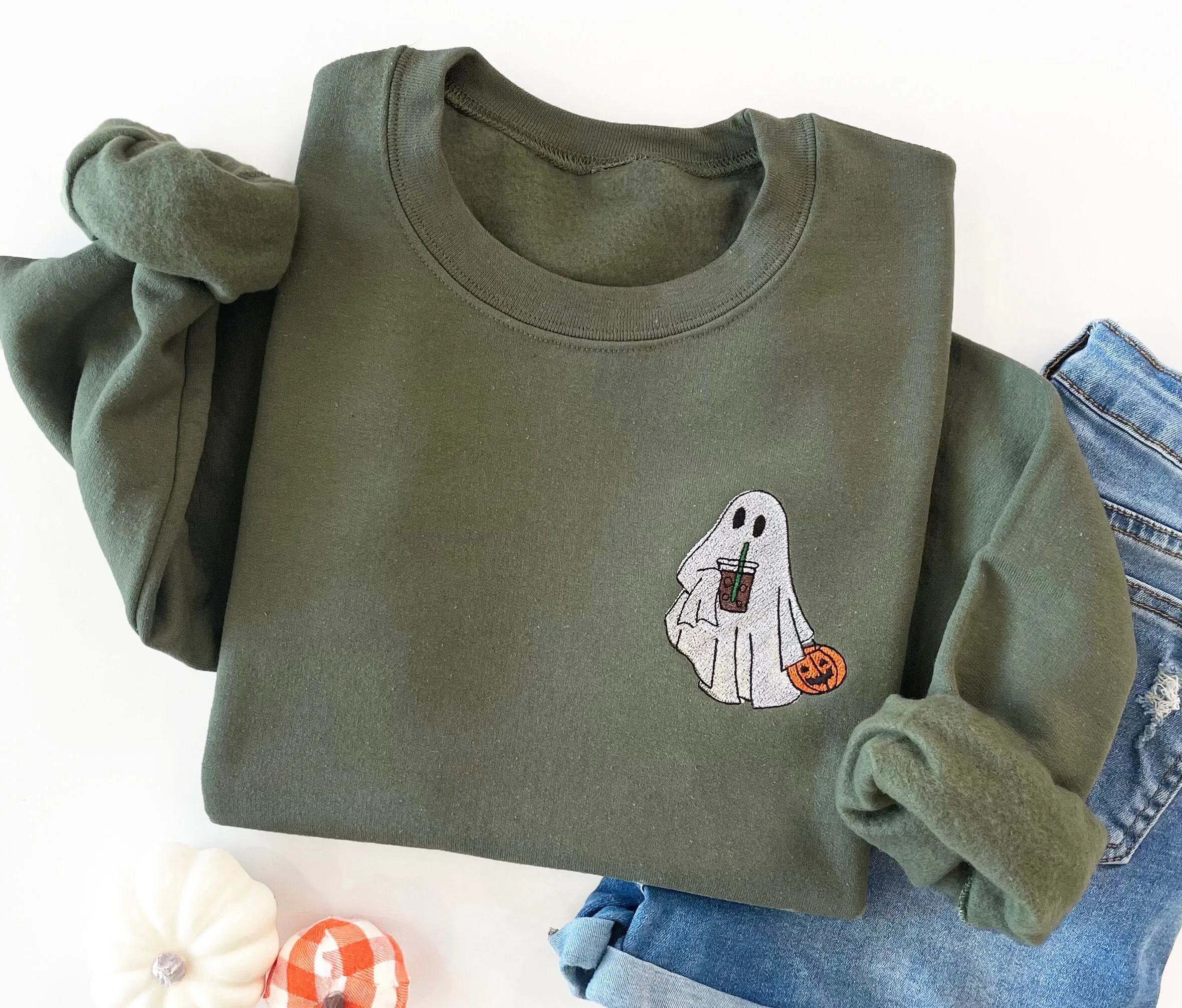 Embroidered Halloween Coffee Lovin' Ghost Sweatshirt