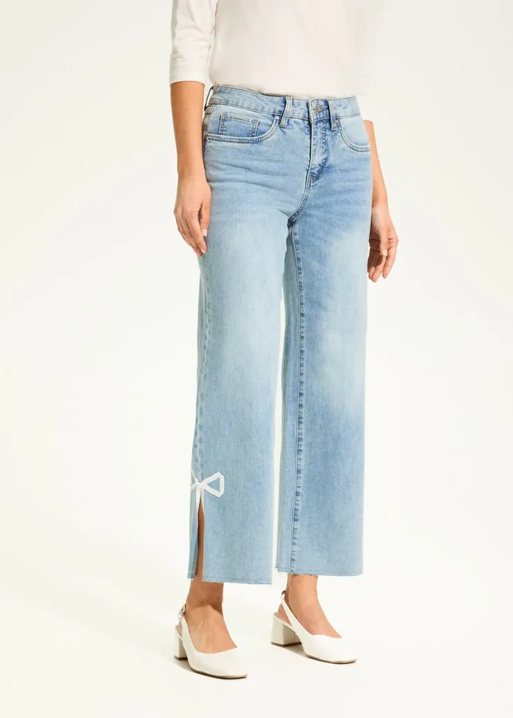 FDJ Olivia Wide Ankle Denim - Light Blue with Bow Accents