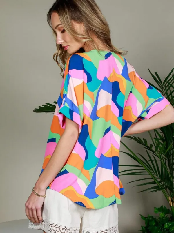 Geo Printed Short Sleeve Woven Blouse