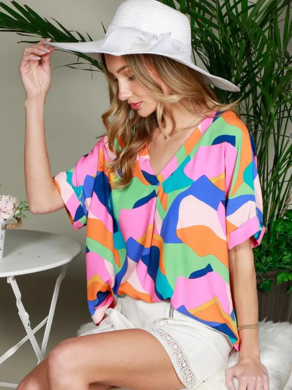 Geo Printed Short Sleeve Woven Blouse