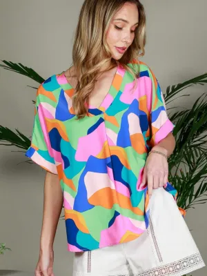 Geo Printed Short Sleeve Woven Blouse