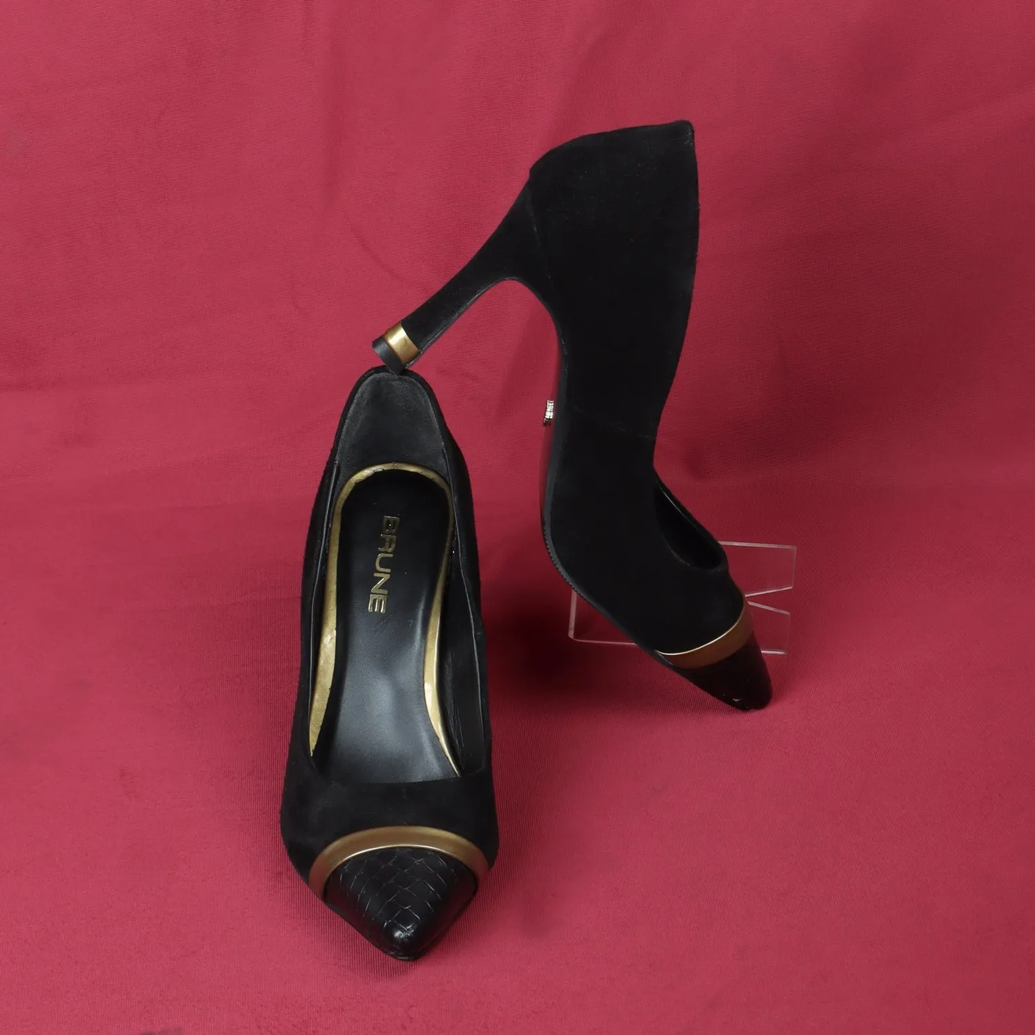 Gold Detail Snake Print Toe Sleek Stiletto Black Suede Leather Ladies Pencil Heel By Brune & Bareskin