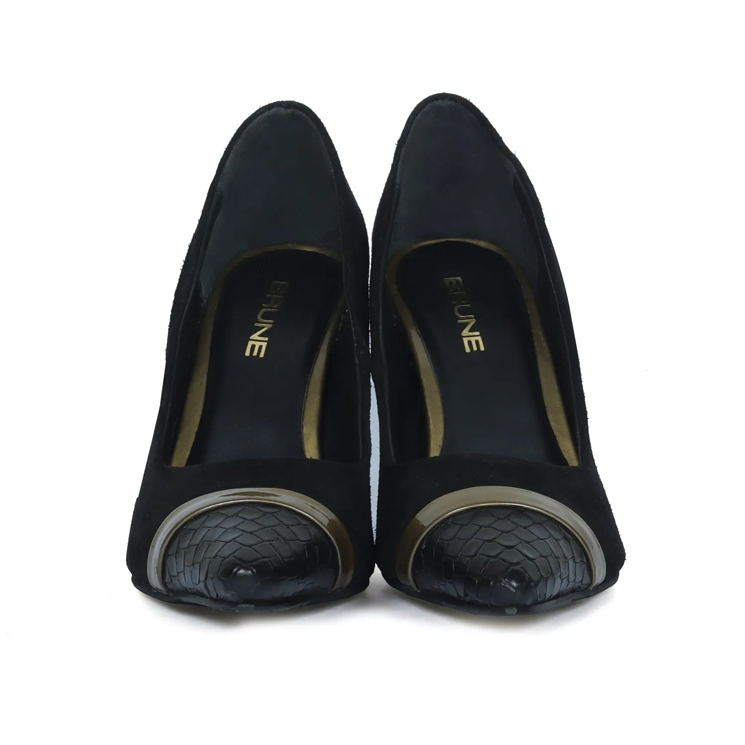 Gold Detail Snake Print Toe Sleek Stiletto Black Suede Leather Ladies Pencil Heel By Brune & Bareskin