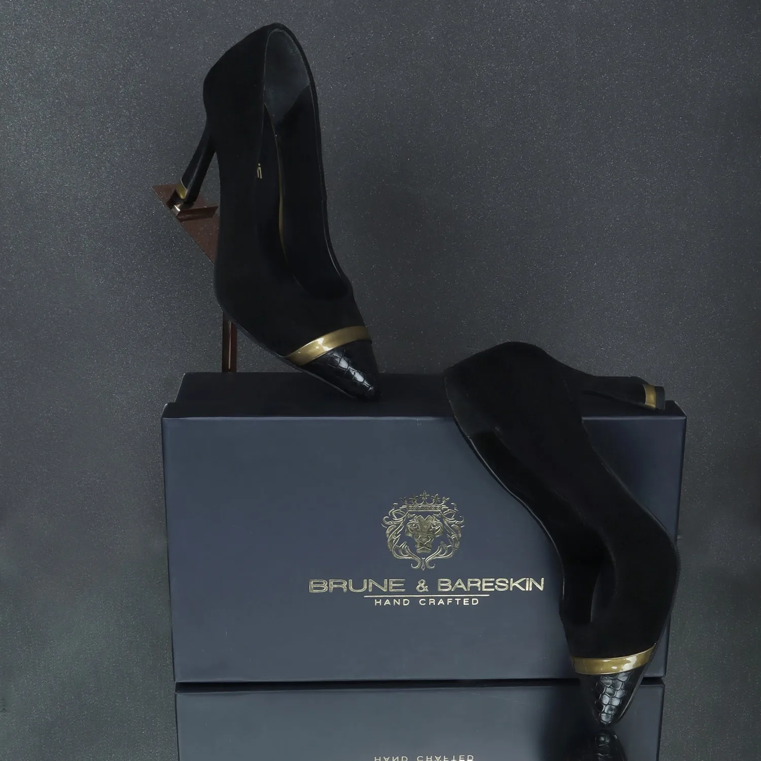 Gold Detail Snake Print Toe Sleek Stiletto Black Suede Leather Ladies Pencil Heel By Brune & Bareskin