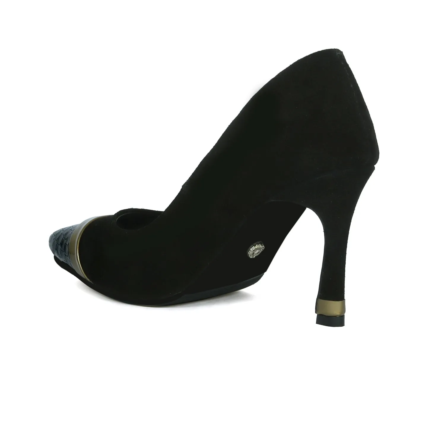 Gold Detail Snake Print Toe Sleek Stiletto Black Suede Leather Ladies Pencil Heel By Brune & Bareskin