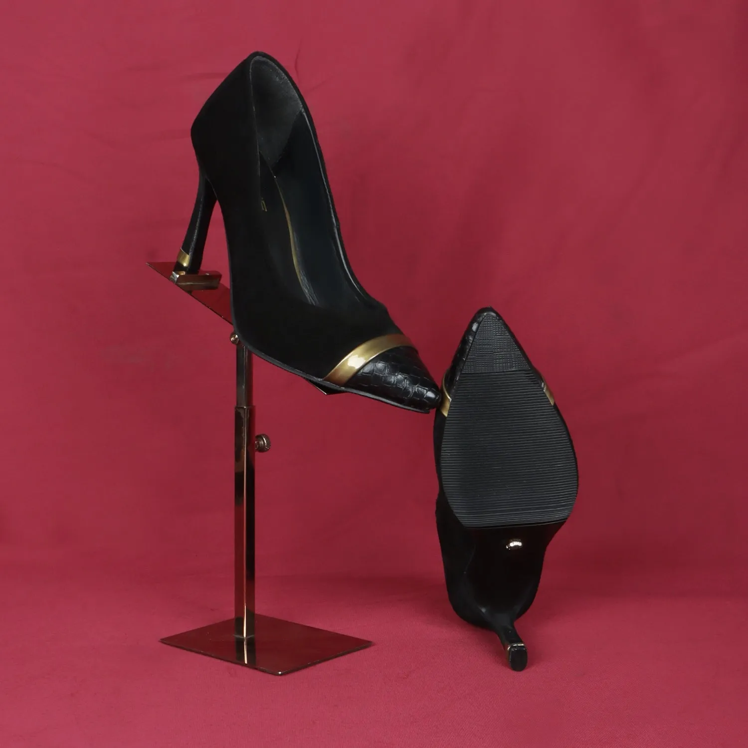 Gold Detail Snake Print Toe Sleek Stiletto Black Suede Leather Ladies Pencil Heel By Brune & Bareskin