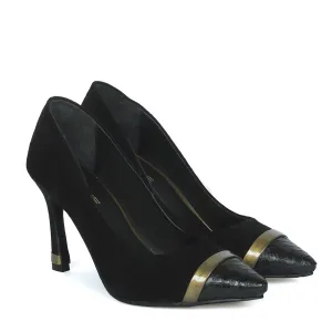 Gold Detail Snake Print Toe Sleek Stiletto Black Suede Leather Ladies Pencil Heel By Brune & Bareskin