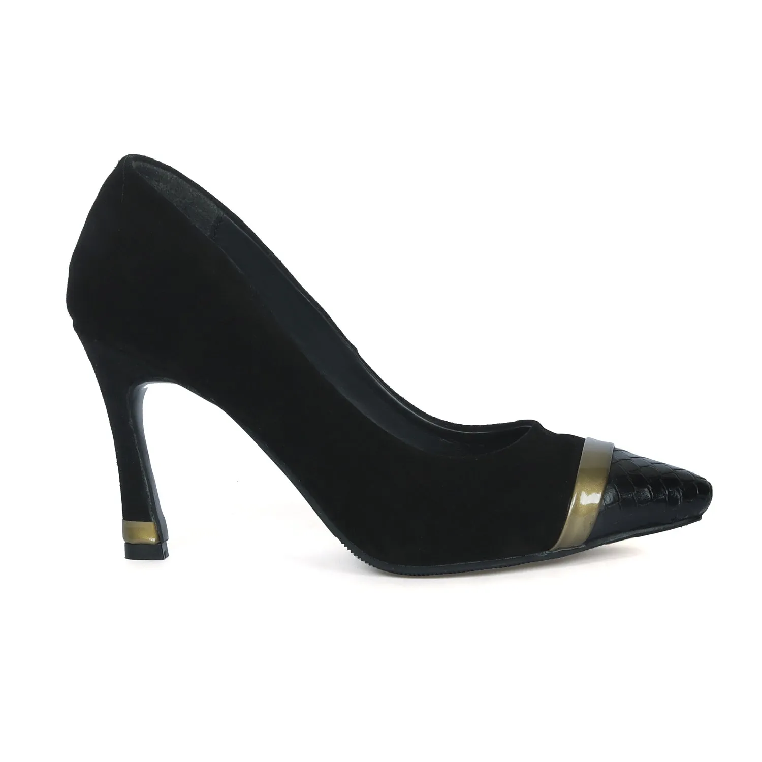 Gold Detail Snake Print Toe Sleek Stiletto Black Suede Leather Ladies Pencil Heel By Brune & Bareskin