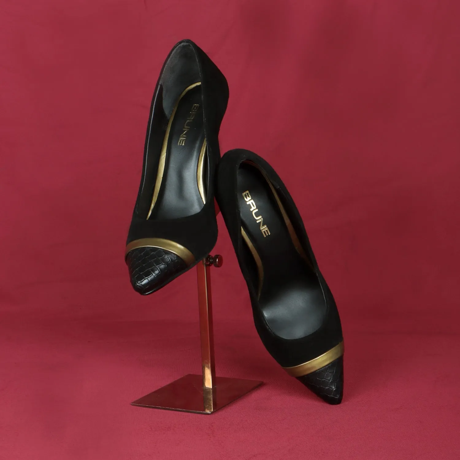 Gold Detail Snake Print Toe Sleek Stiletto Black Suede Leather Ladies Pencil Heel By Brune & Bareskin
