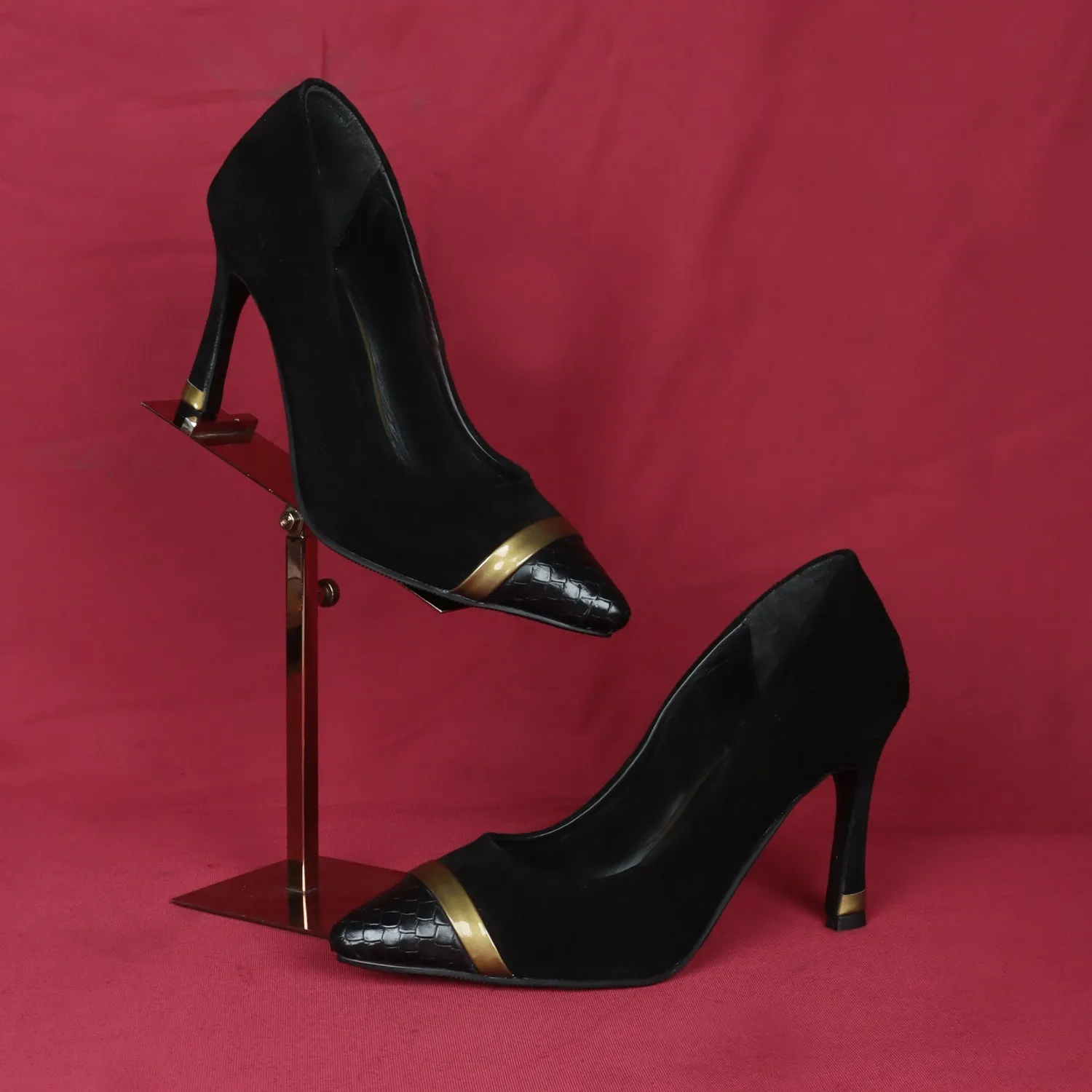 Gold Detail Snake Print Toe Sleek Stiletto Black Suede Leather Ladies Pencil Heel By Brune & Bareskin