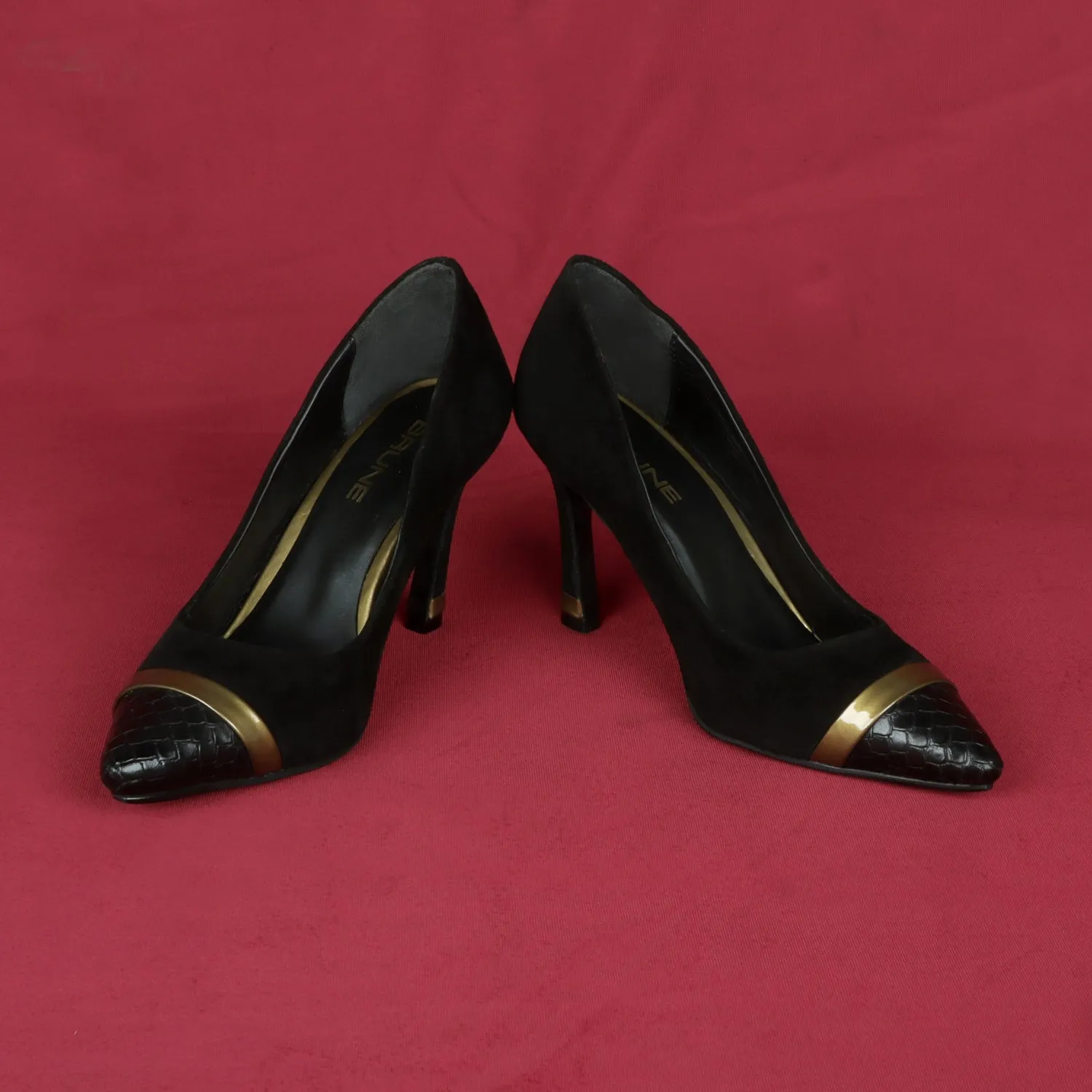 Gold Detail Snake Print Toe Sleek Stiletto Black Suede Leather Ladies Pencil Heel By Brune & Bareskin