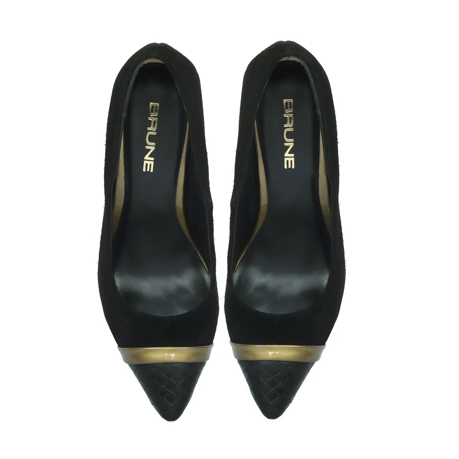 Gold Detail Snake Print Toe Sleek Stiletto Black Suede Leather Ladies Pencil Heel By Brune & Bareskin
