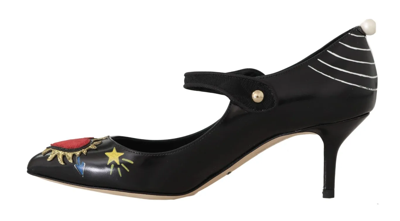 Hand Painted Heart Mary Janes Black