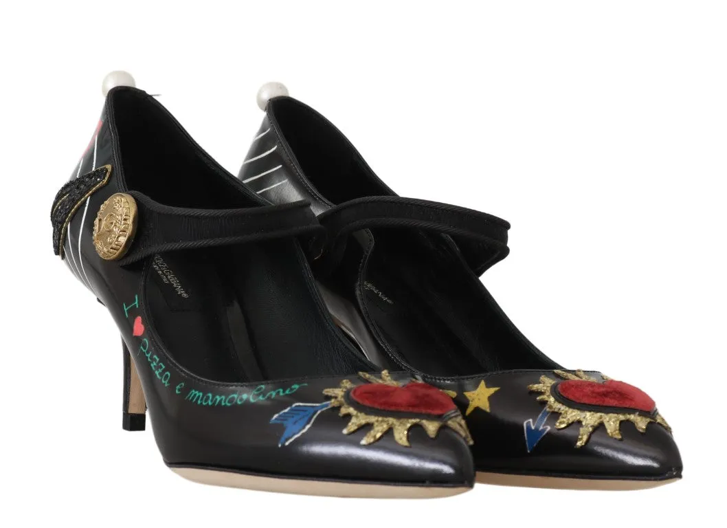 Hand Painted Heart Mary Janes Black