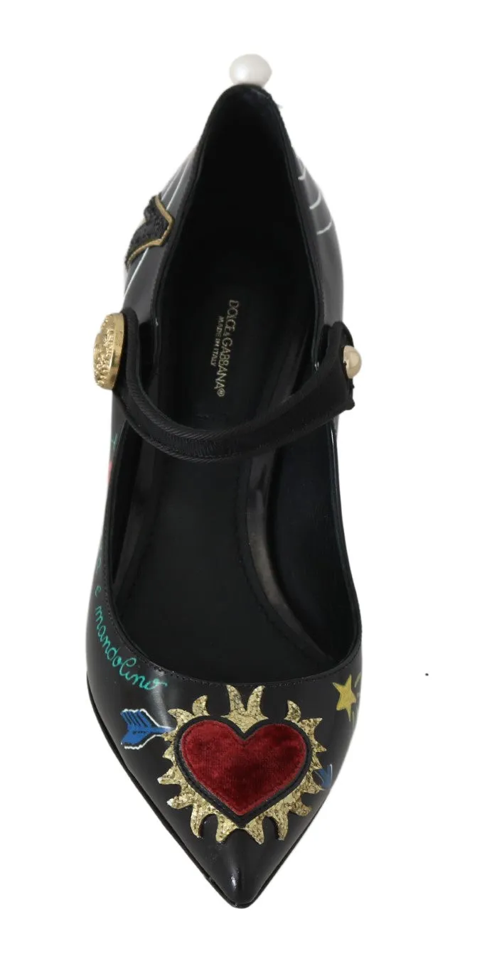 Hand Painted Heart Mary Janes Black