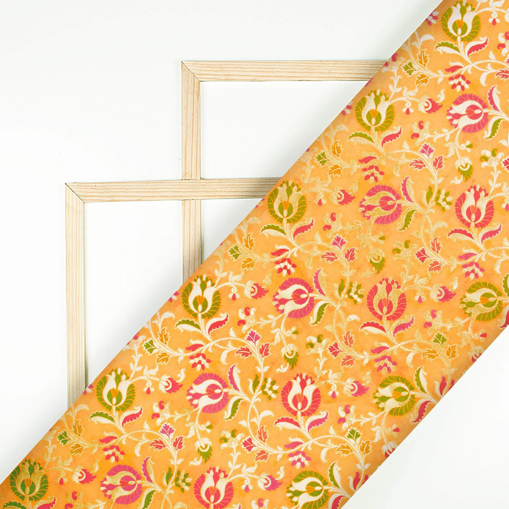 Honey Yellow And Fuchsia Floral Pattern Zari Jacquard Banarasi Silk Fabric