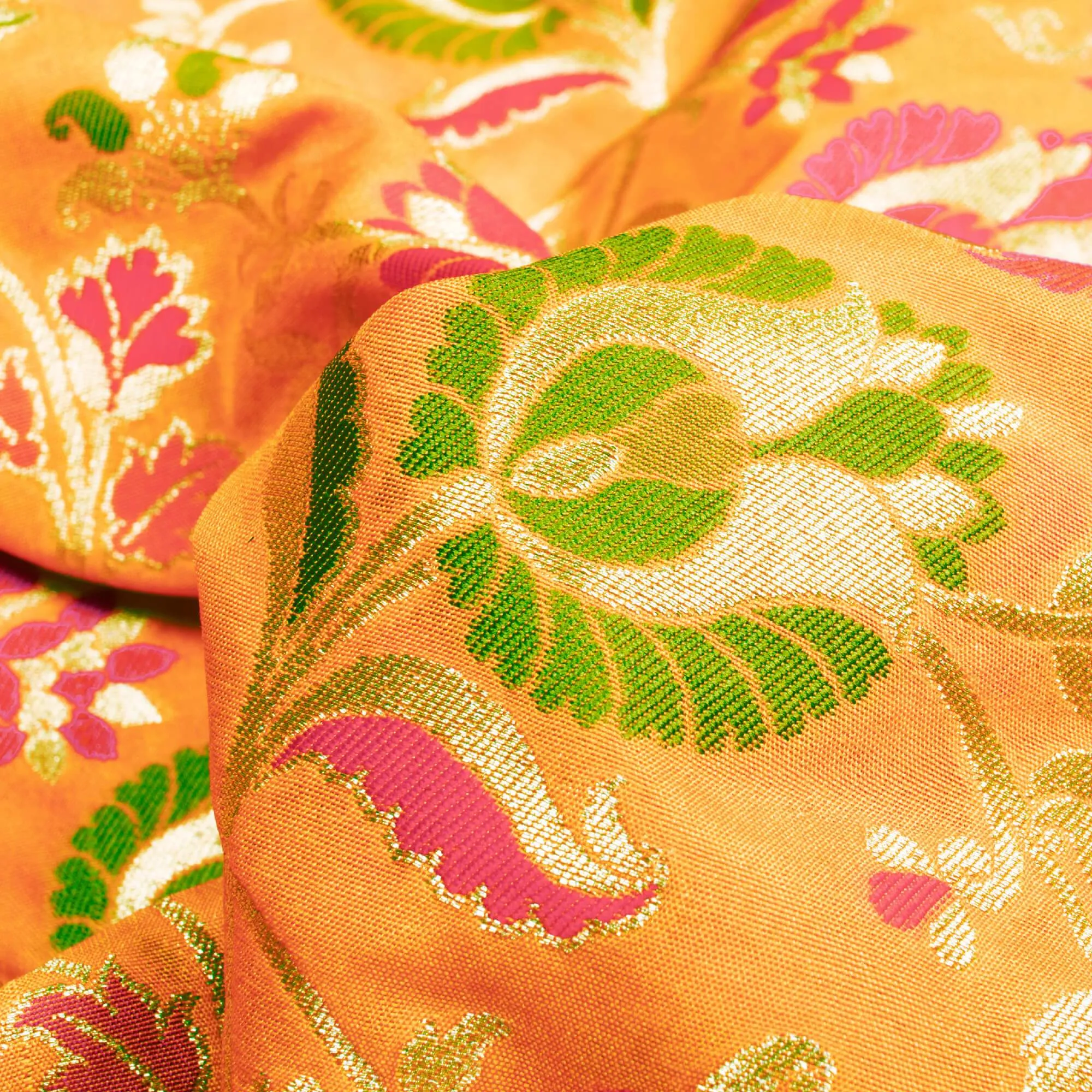 Honey Yellow And Fuchsia Floral Pattern Zari Jacquard Banarasi Silk Fabric