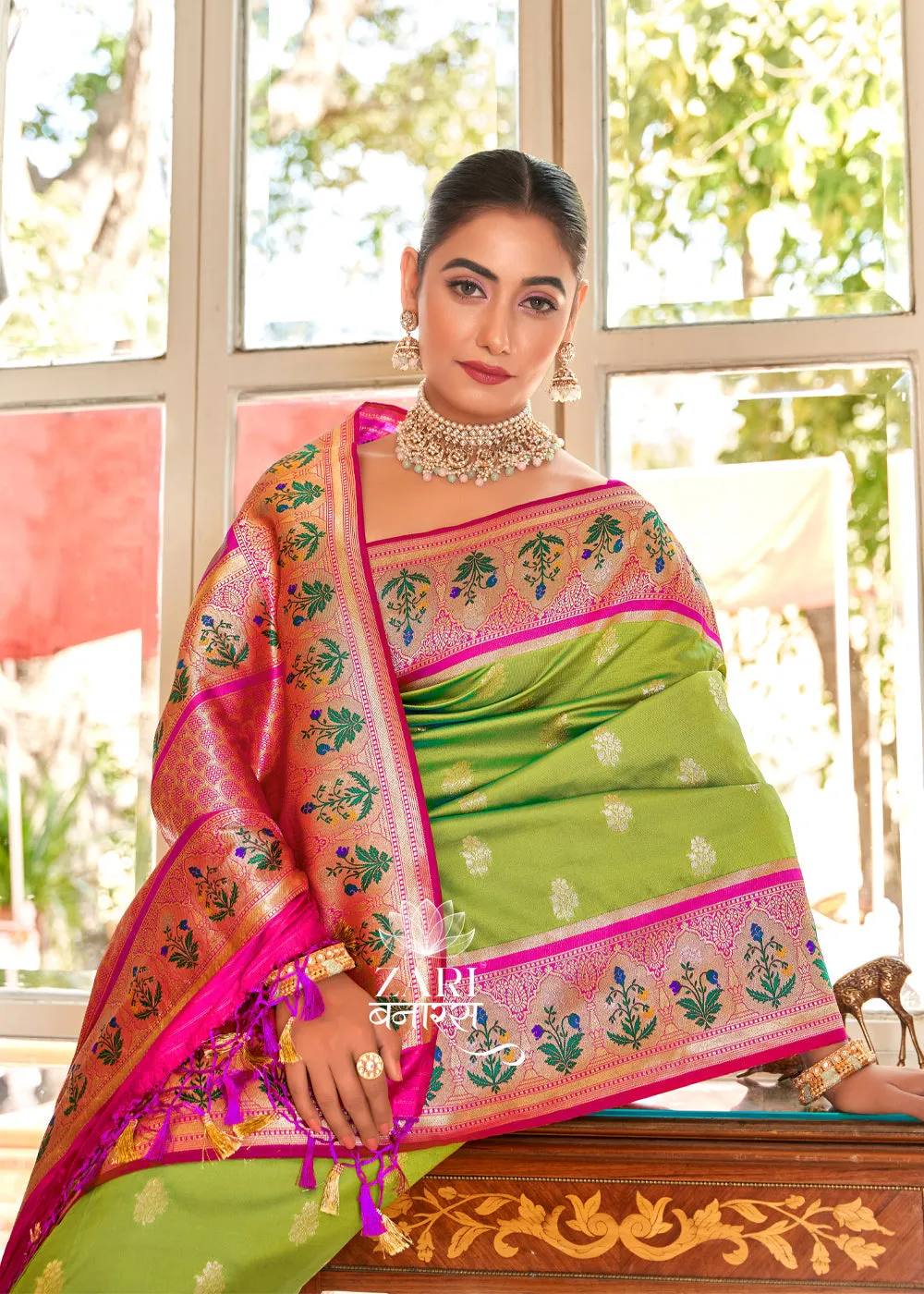 Jhanvi : Banarasi woven saree in the shade of Green