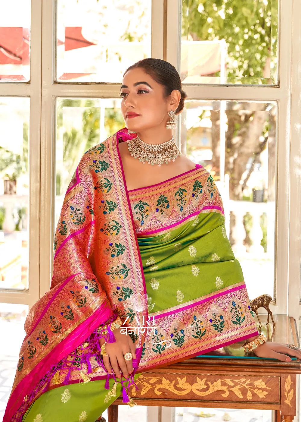 Jhanvi : Banarasi woven saree in the shade of Green