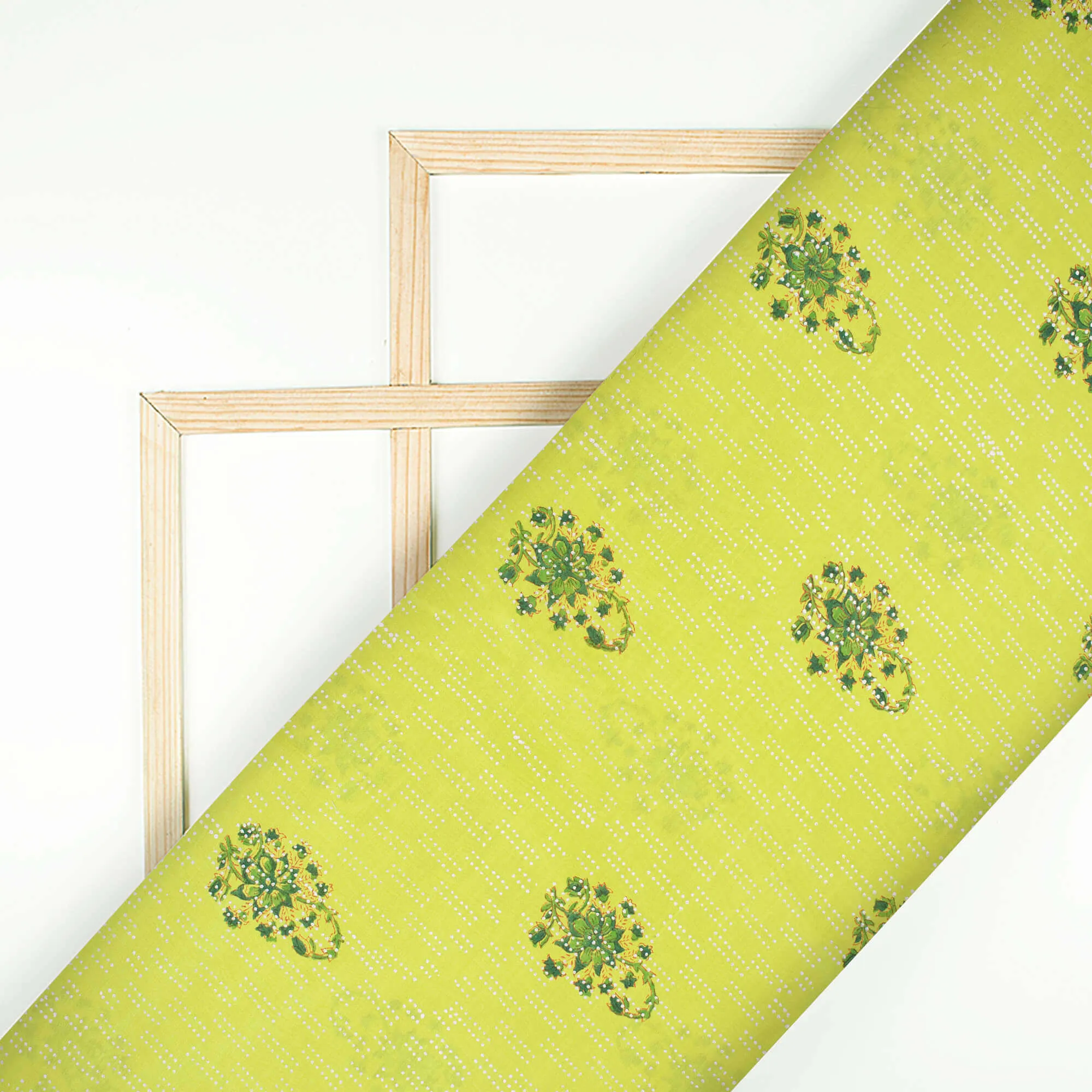 Light parrot Green Floral Pattern Handblock Pure Banarasi Chanderi Fabric