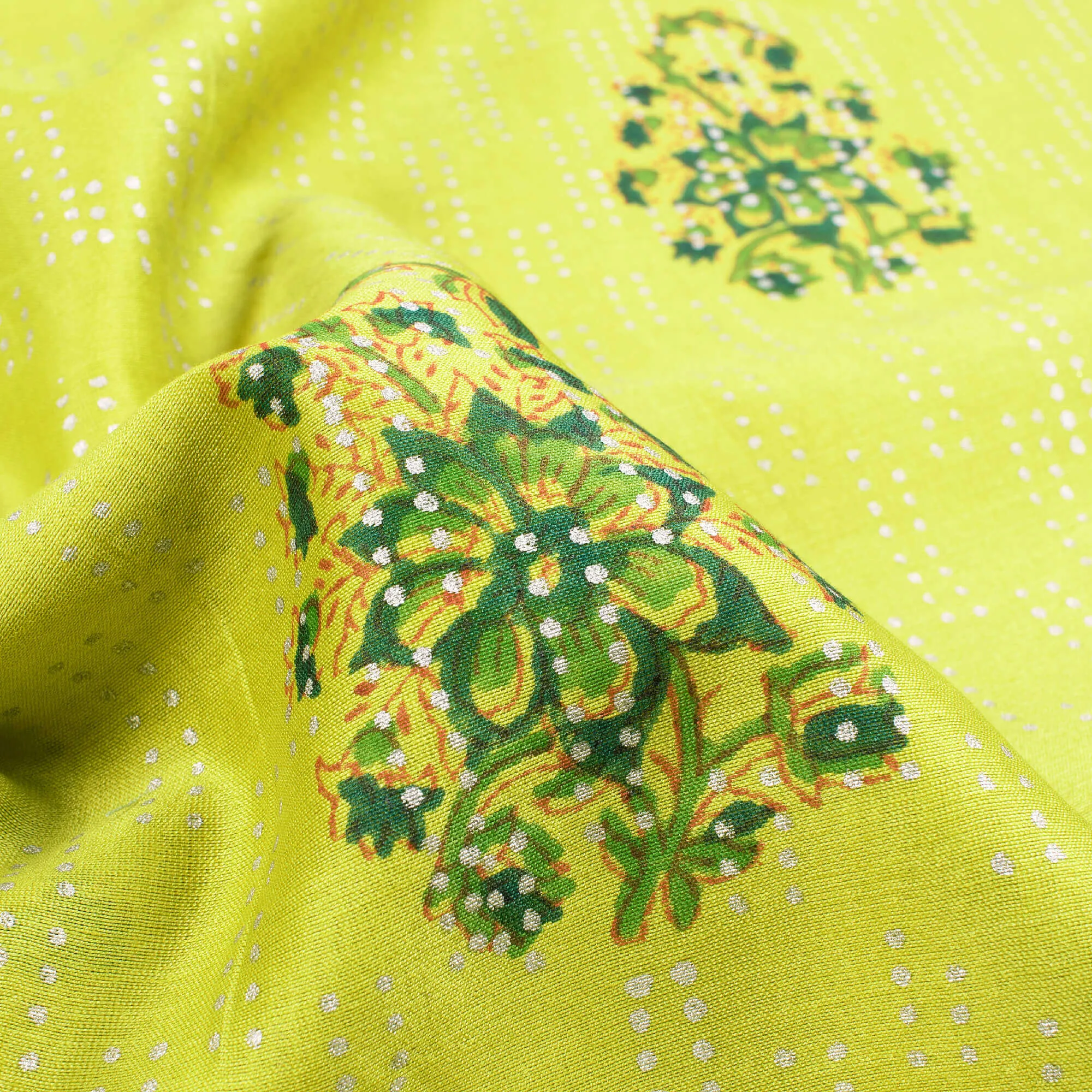 Light parrot Green Floral Pattern Handblock Pure Banarasi Chanderi Fabric