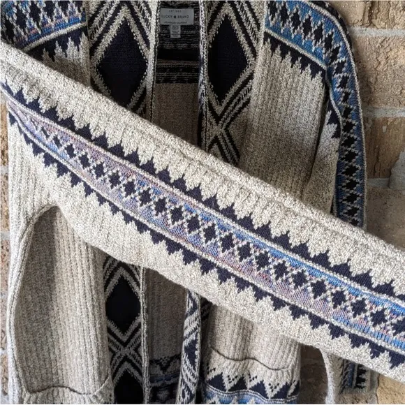 Lucky Brand aztec diamond pattern cotton blend open front long sleeve cardigan