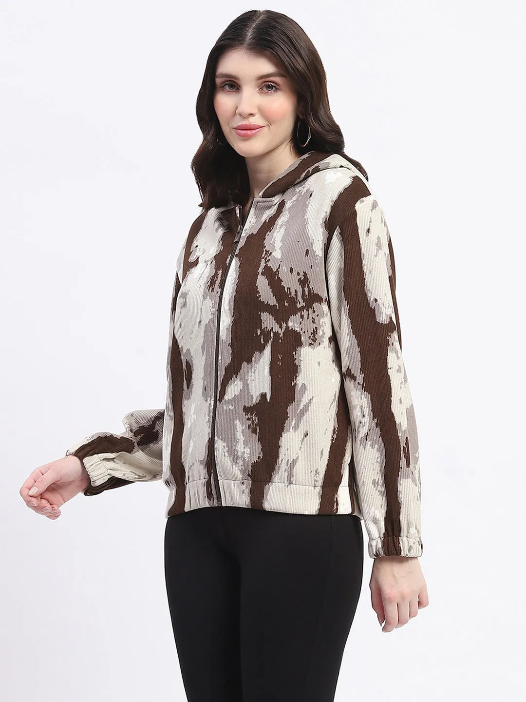 Madame All Over Print Zipped Brown Hooded Sweatshirt For Women