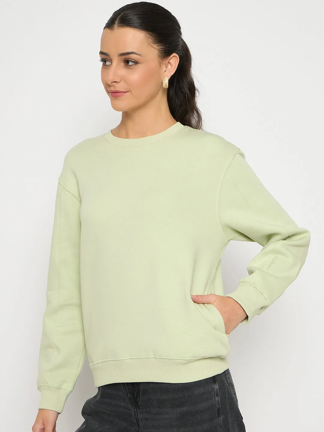 Madame Cotton Blend Solid Apple Green Sweatshirt