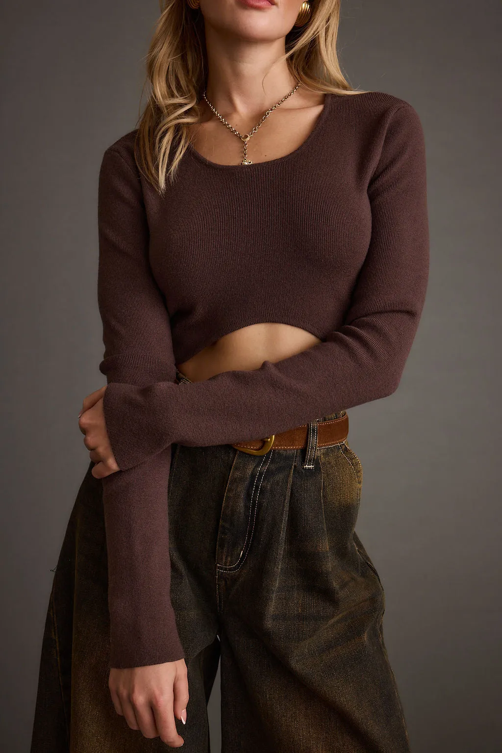 Malorie Brown Cropped Ribbed Sweater