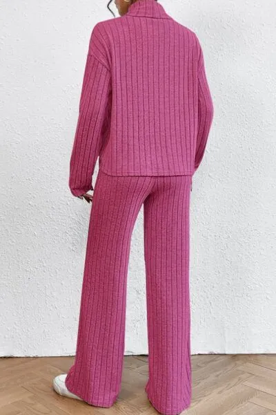 Mock Neck Dropped Shoulder Top and Pants Lounge Set (5 Colors)