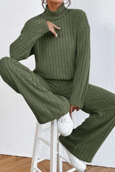Mock Neck Dropped Shoulder Top and Pants Lounge Set (5 Colors)