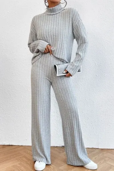 Mock Neck Dropped Shoulder Top and Pants Lounge Set (5 Colors)