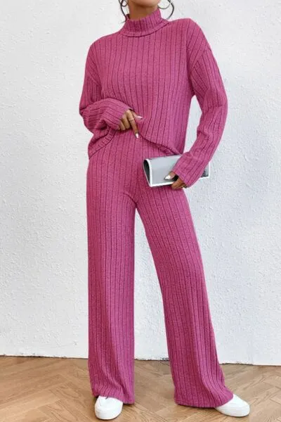 Mock Neck Dropped Shoulder Top and Pants Lounge Set (5 Colors)