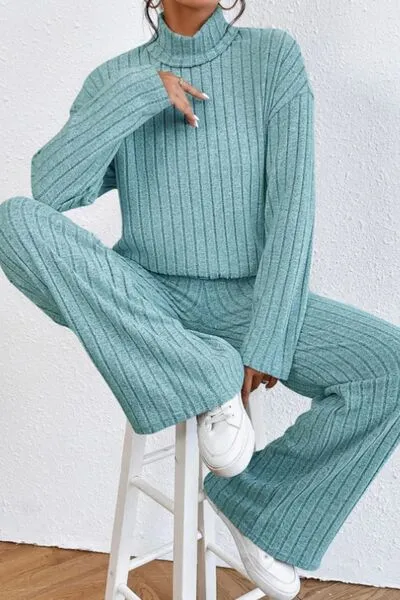 Mock Neck Dropped Shoulder Top and Pants Lounge Set (5 Colors)