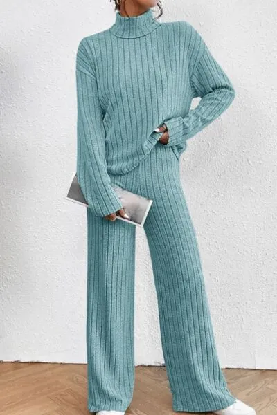 Mock Neck Dropped Shoulder Top and Pants Lounge Set (5 Colors)