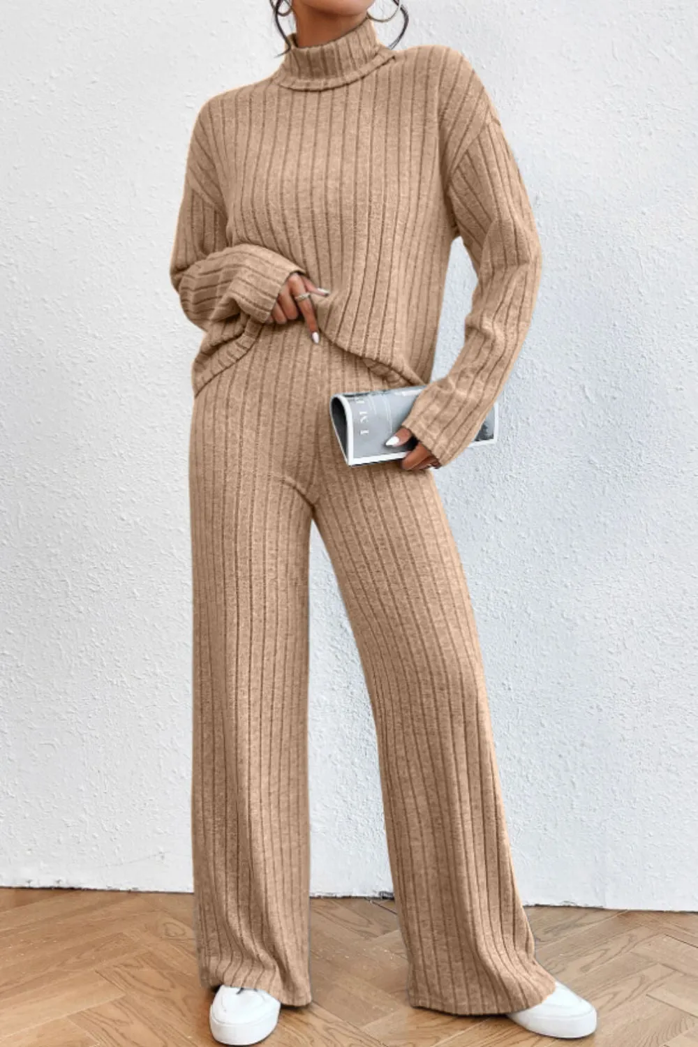 Mock Neck Dropped Shoulder Top and Pants Lounge Set (5 Colors)