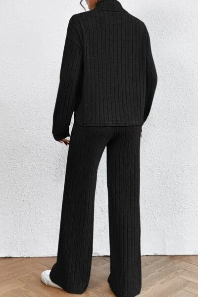Mock Neck Dropped Shoulder Top and Pants Lounge Set (5 Colors)