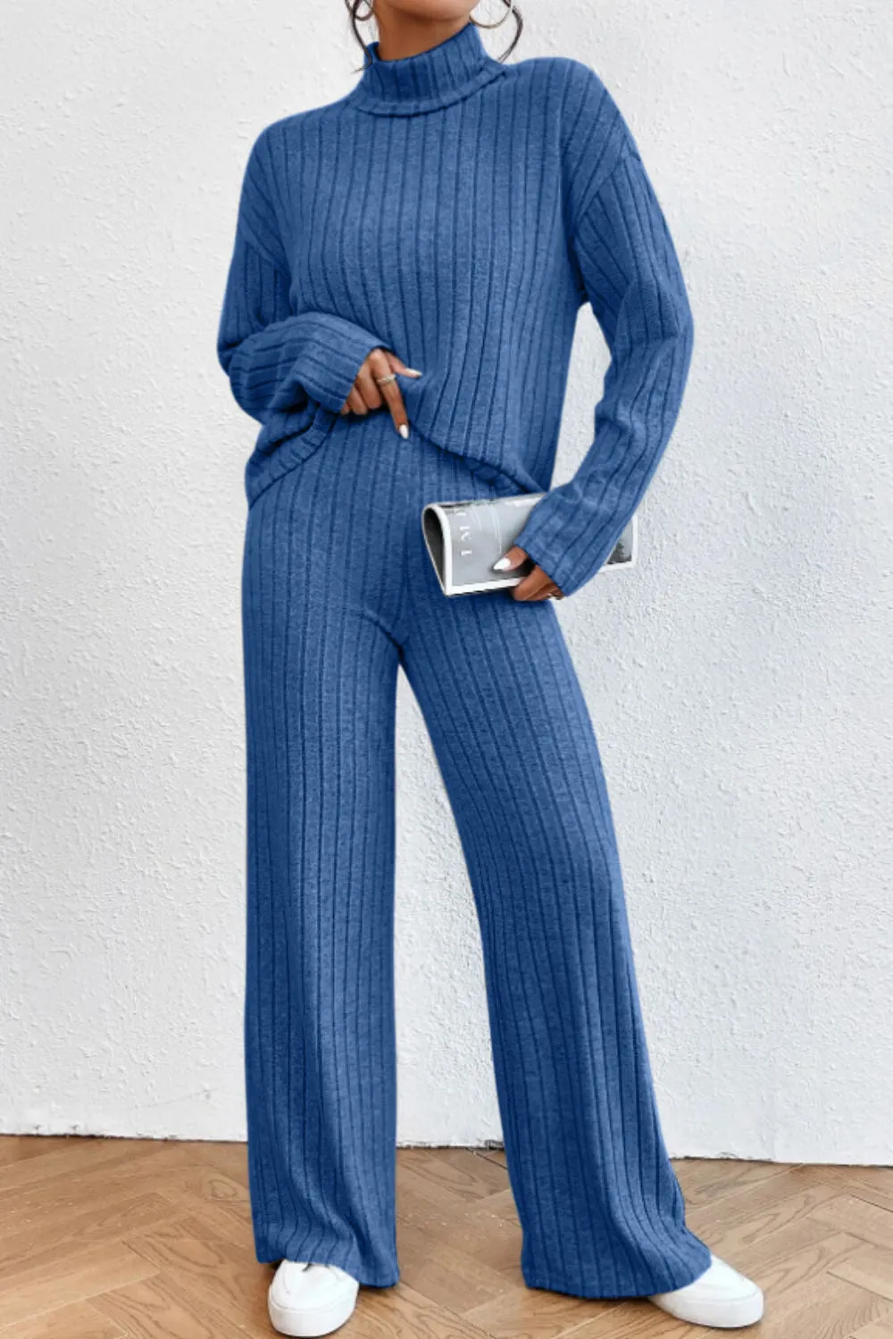 Mock Neck Dropped Shoulder Top and Pants Lounge Set (5 Colors)