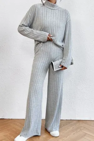 Mock Neck Dropped Shoulder Top and Pants Lounge Set (5 Colors)