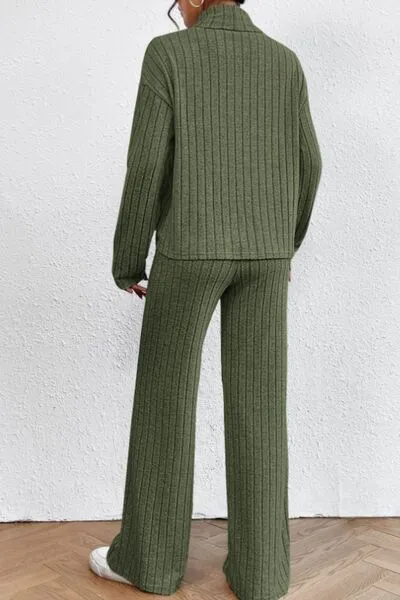 Mock Neck Dropped Shoulder Top and Pants Lounge Set (5 Colors)