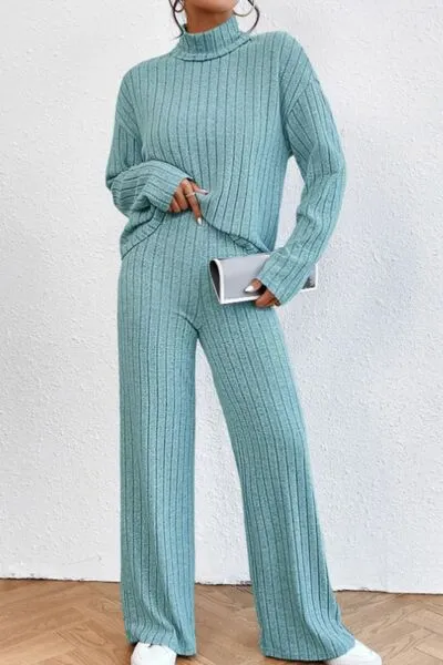 Mock Neck Dropped Shoulder Top and Pants Lounge Set (5 Colors)