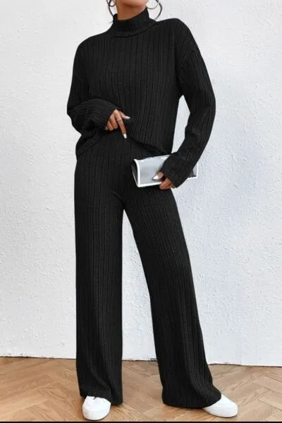 Mock Neck Dropped Shoulder Top and Pants Lounge Set (5 Colors)
