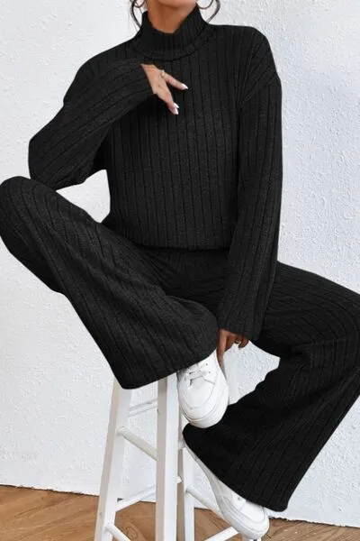 Mock Neck Dropped Shoulder Top and Pants Lounge Set (5 Colors)