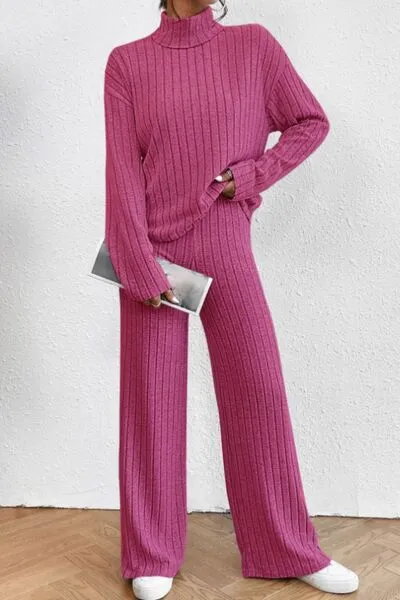 Mock Neck Dropped Shoulder Top and Pants Lounge Set (5 Colors)