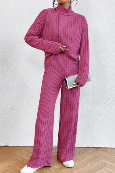 Mock Neck Dropped Shoulder Top and Pants Lounge Set (5 Colors)