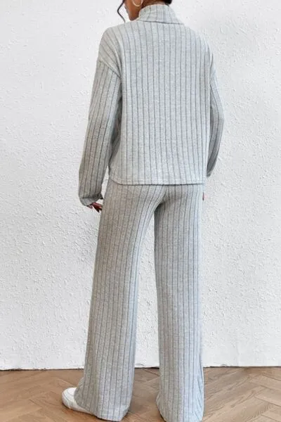 Mock Neck Dropped Shoulder Top and Pants Lounge Set (5 Colors)