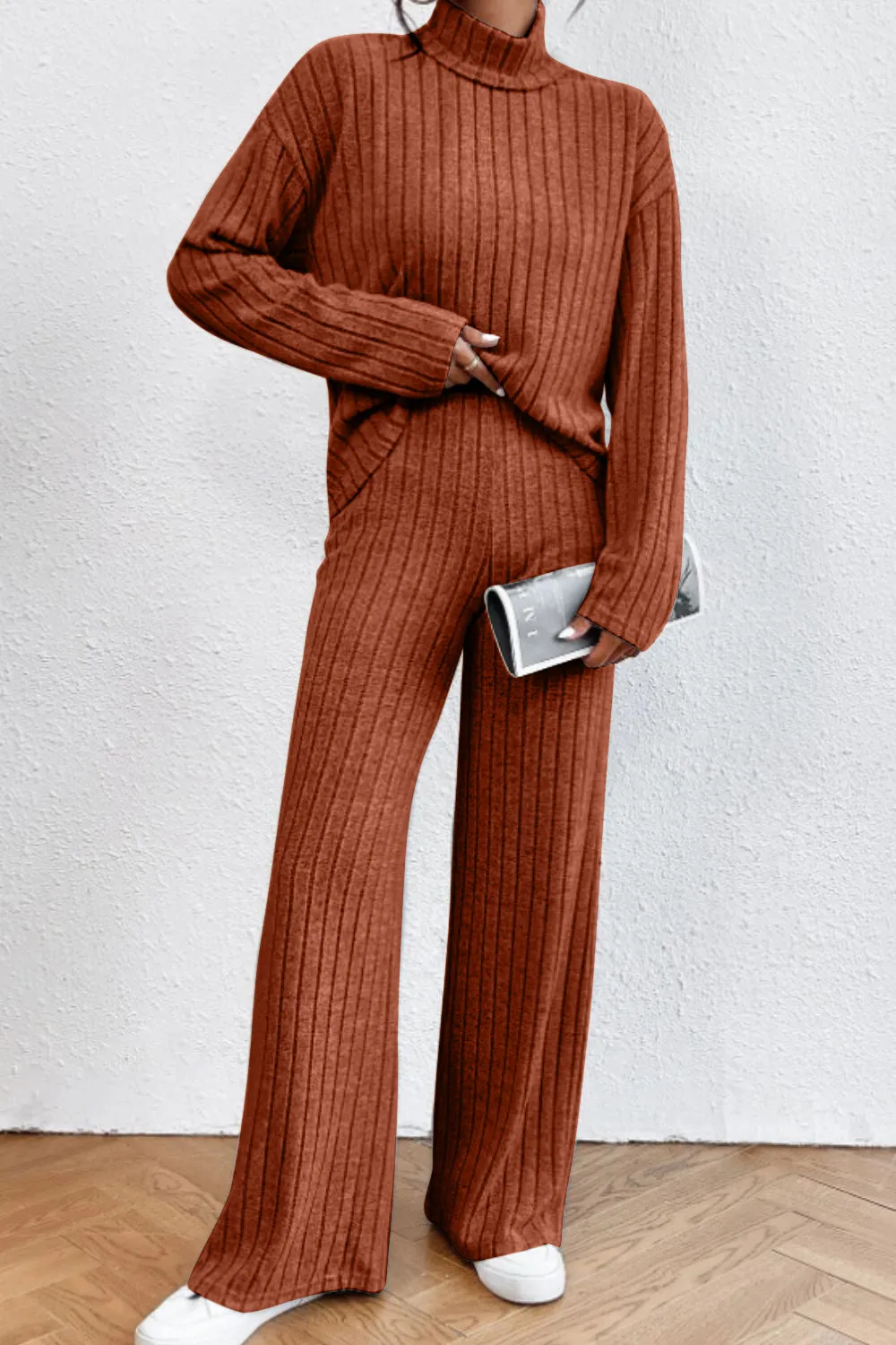 Mock Neck Dropped Shoulder Top and Pants Lounge Set (5 Colors)