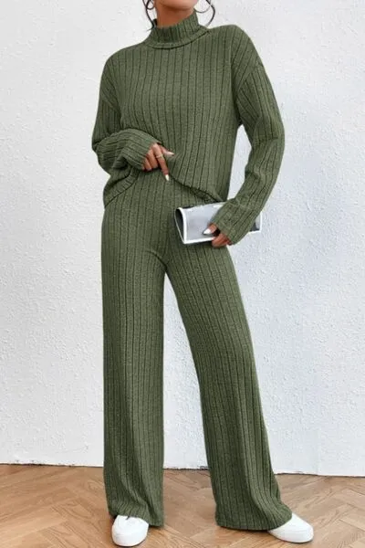 Mock Neck Dropped Shoulder Top and Pants Lounge Set (5 Colors)