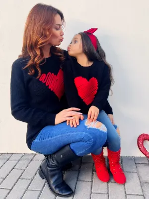 Mommy and Me Love Note Embroidered Red Heart Sweater